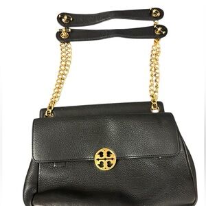 Tory Burch Black Pebbled Leather Shoulder Bag with Gold Chain